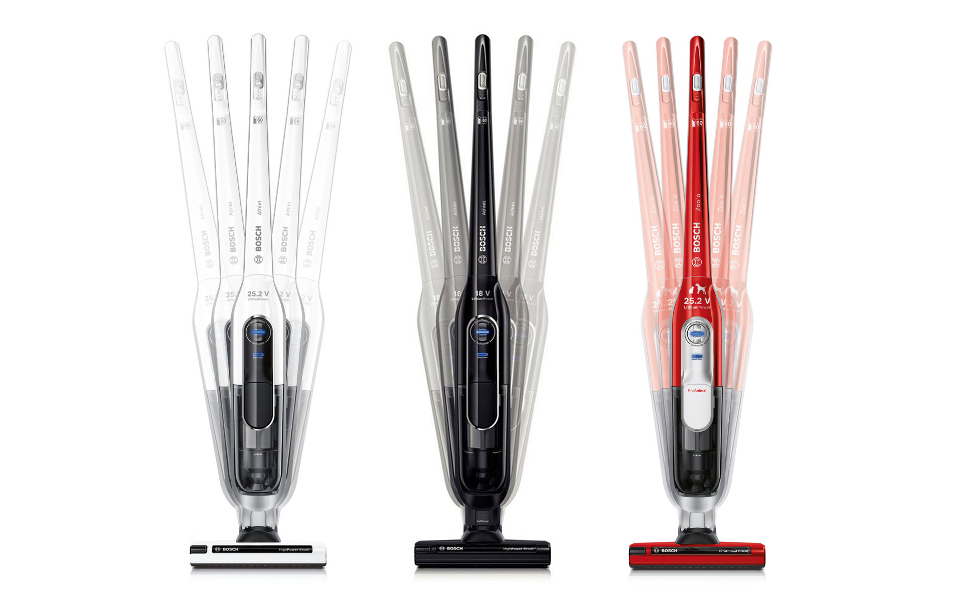 Bosch BCH6 Athlet: white, black, and red models in motion