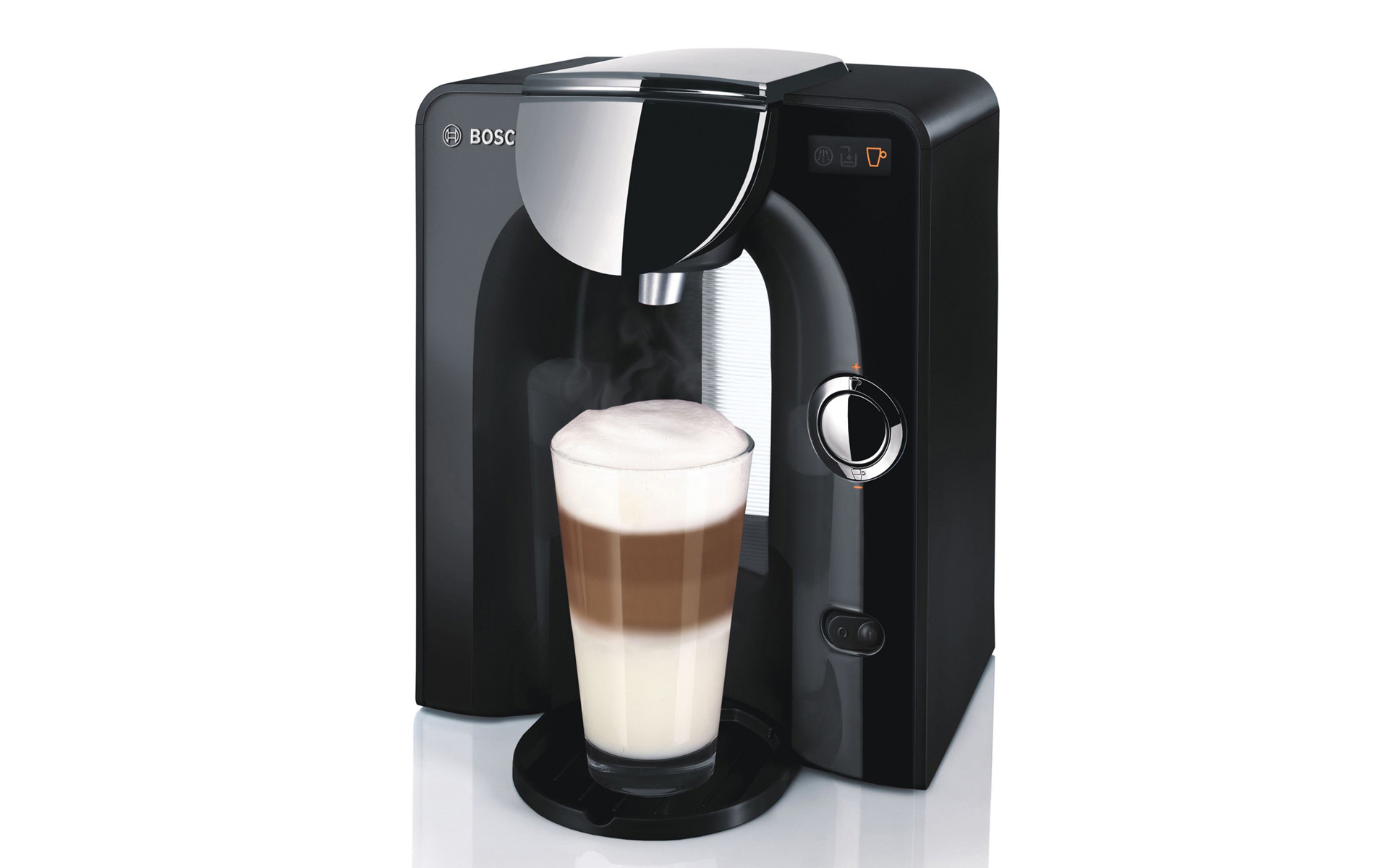 Bosch Tassimo TAS55: black model with large cup of latte macchiato